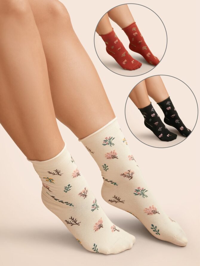 Floral Printed Three Pair Socks