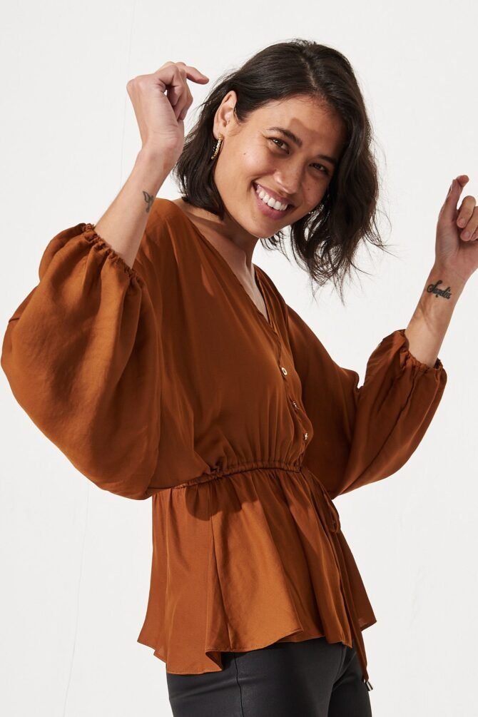 V Neck Top in Rust Satin - Image 4