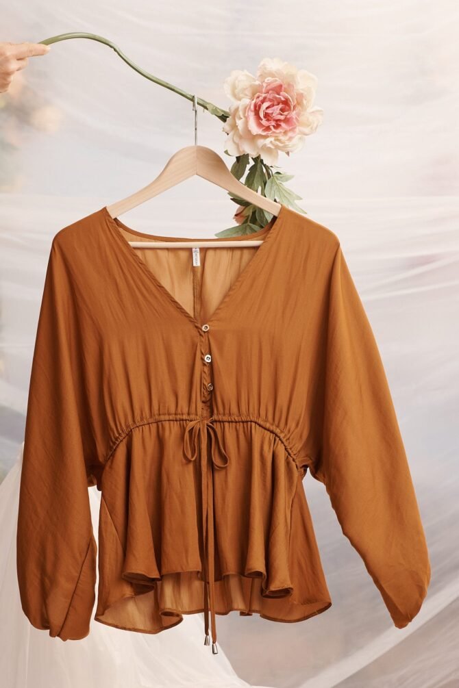 V Neck Top in Rust Satin - Image 10