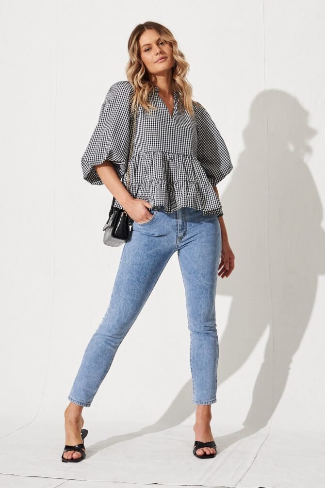 Top In Black And White Gingham Cotton - Image 2