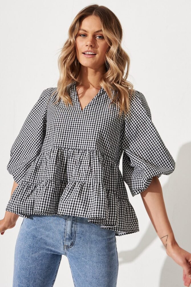 Top In Black And White Gingham Cotton - Image 4