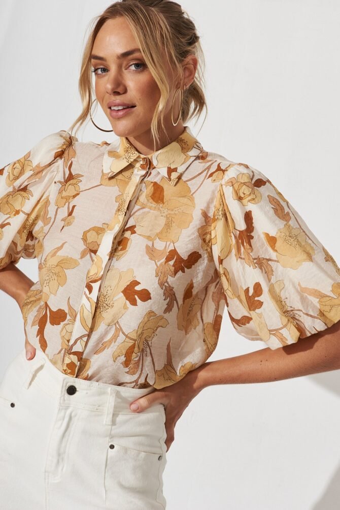 Shirt In White With Rust Floral - Image 6