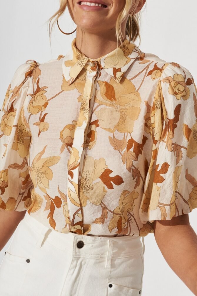 Shirt In White With Rust Floral - Image 7