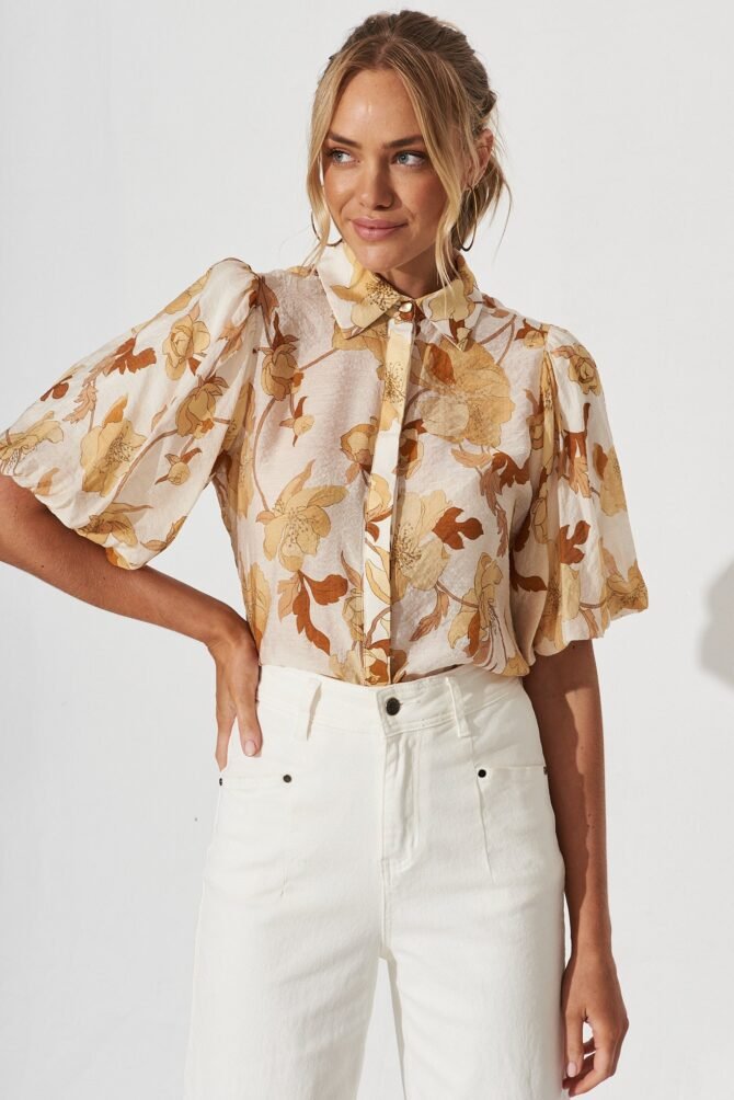 Shirt In White With Rust Floral - Image 2