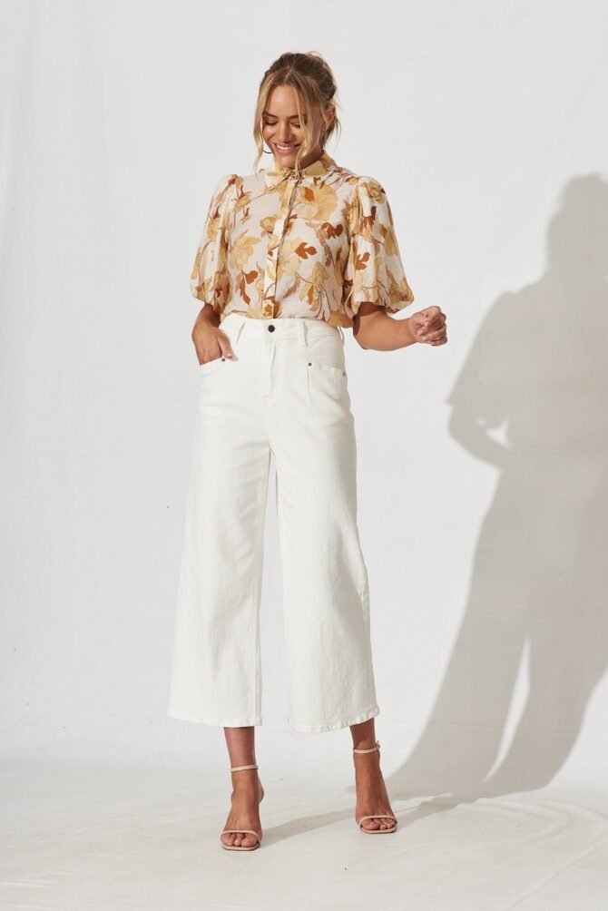 Shirt In White With Rust Floral