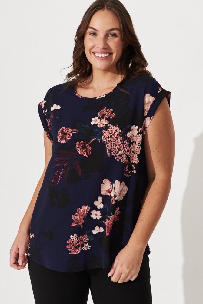 Top In Navy With Pink And Blush Floral - Image 2