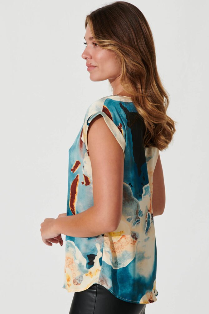 Top In Blue And Cream Watercolour Satin - Image 5