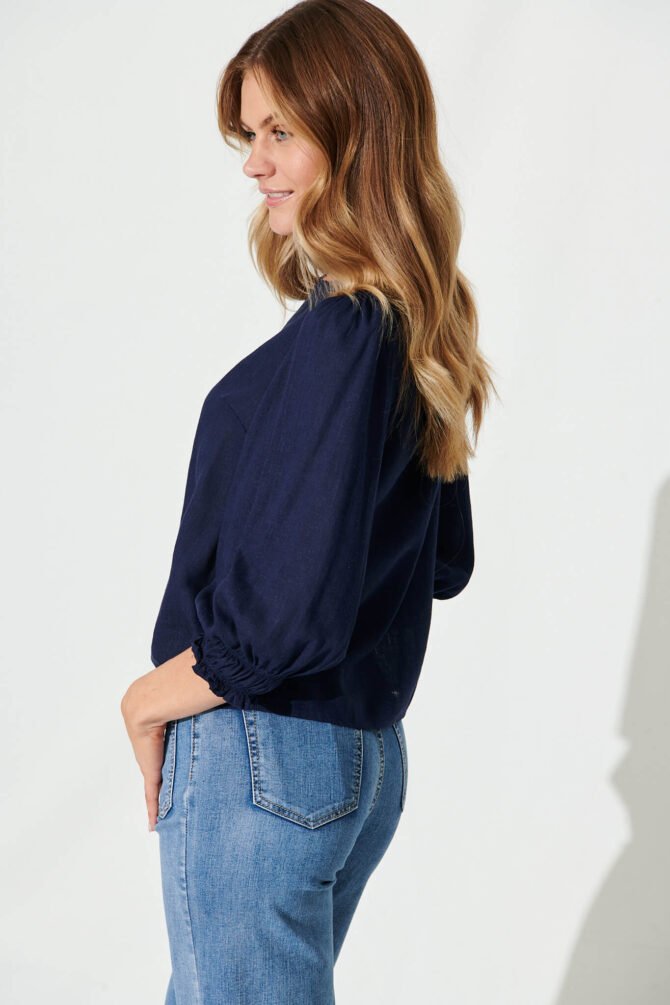 Top In Navy Cotton Linen - Image 2