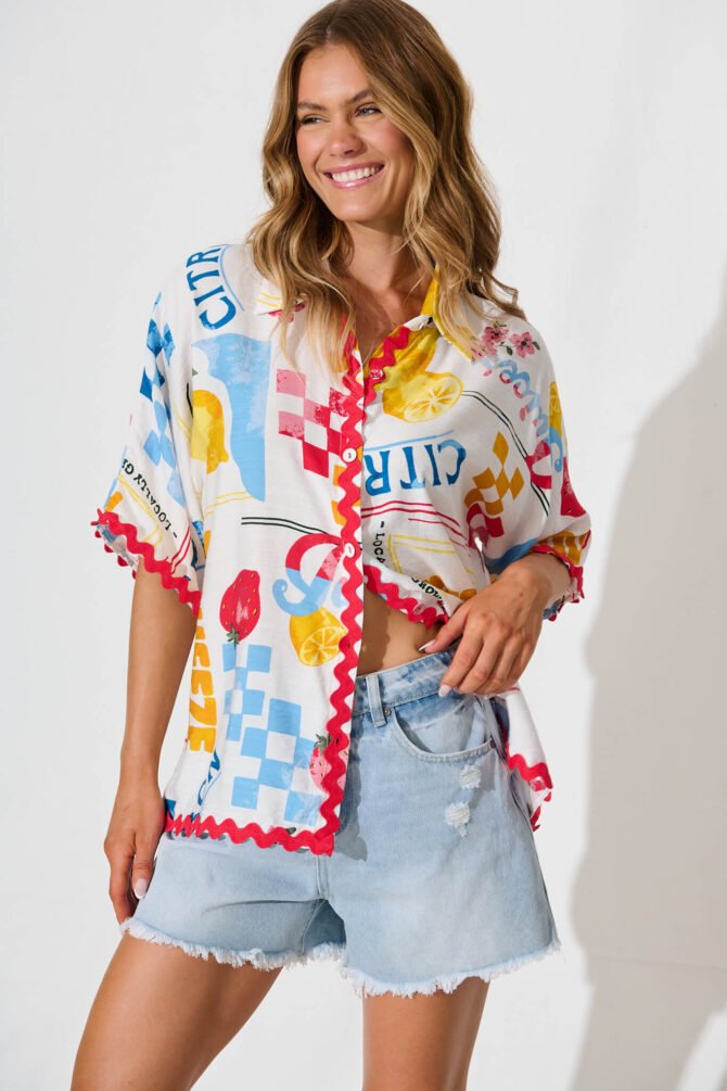 Shirt In White Lemon Print Ric Rac Trim