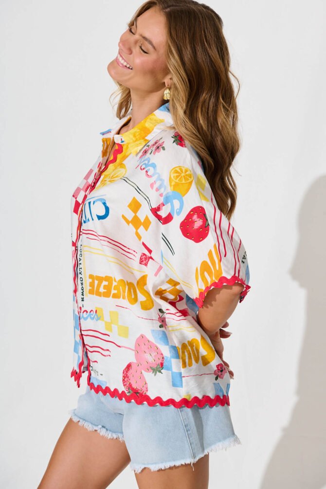 Shirt In White Lemon Print Ric Rac Trim - Image 2