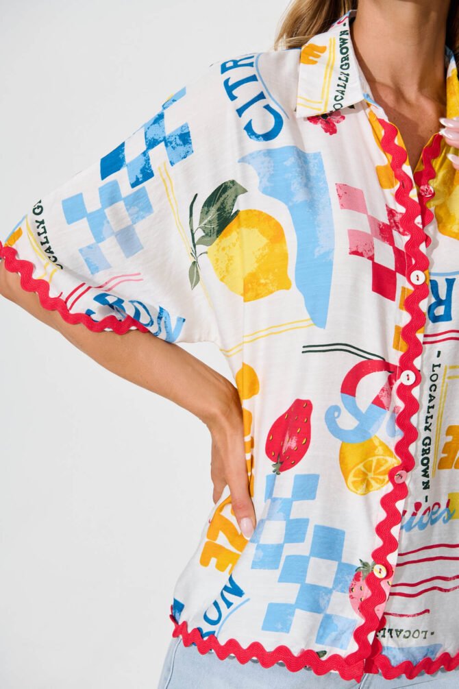 Shirt In White Lemon Print Ric Rac Trim - Image 7