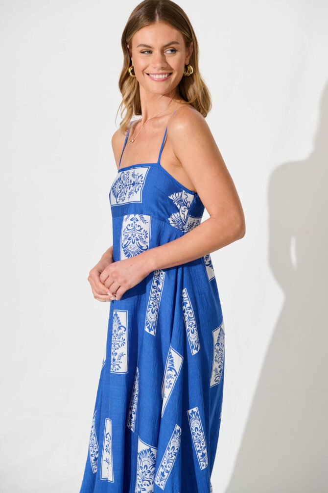Midi Sundress in Blue with White Print - Image 2