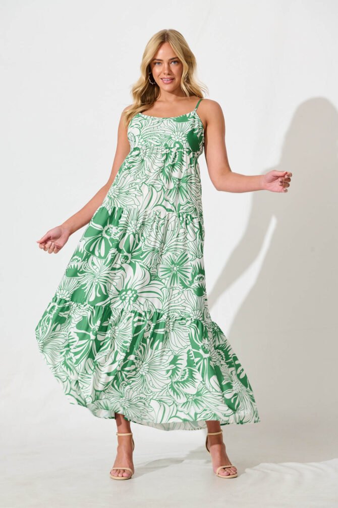 Maxi Sundress in White With Green Print