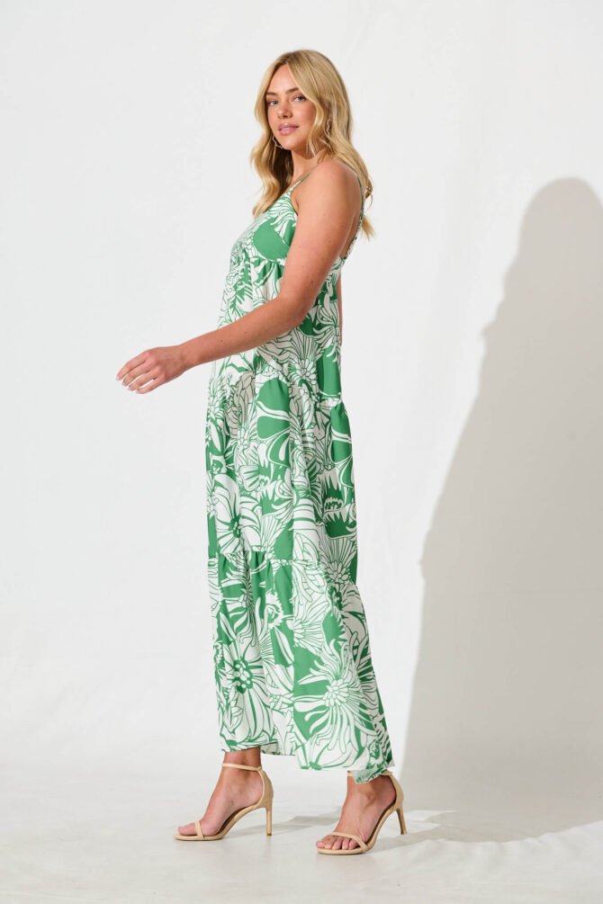 Maxi Sundress in White With Green Print - Image 3