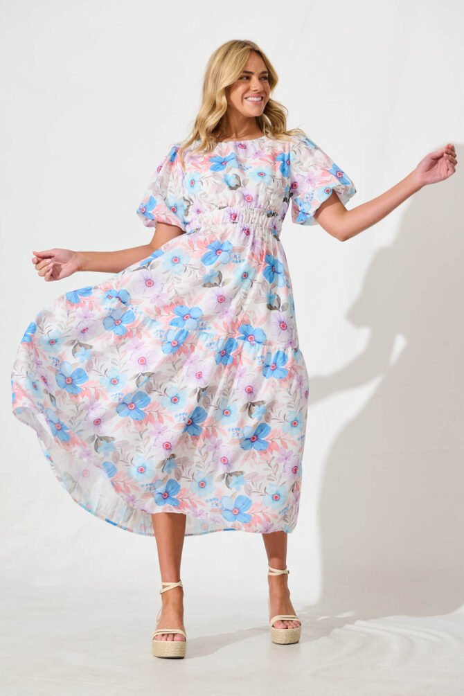 Midi Dress in Multi Blue Floral Cotton Blend