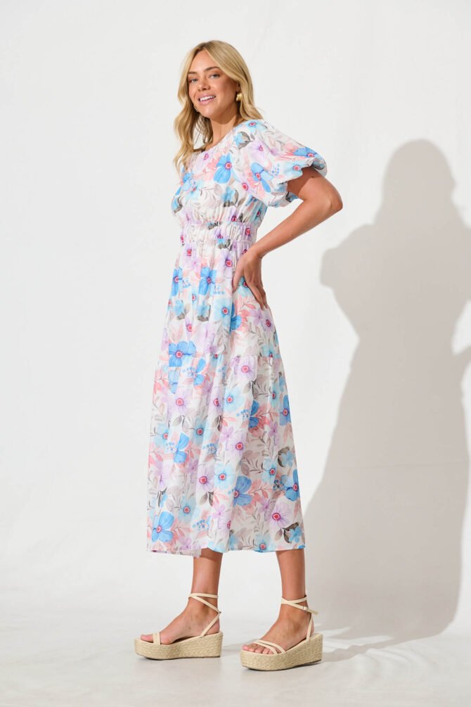 Midi Dress in Multi Blue Floral Cotton Blend - Image 3