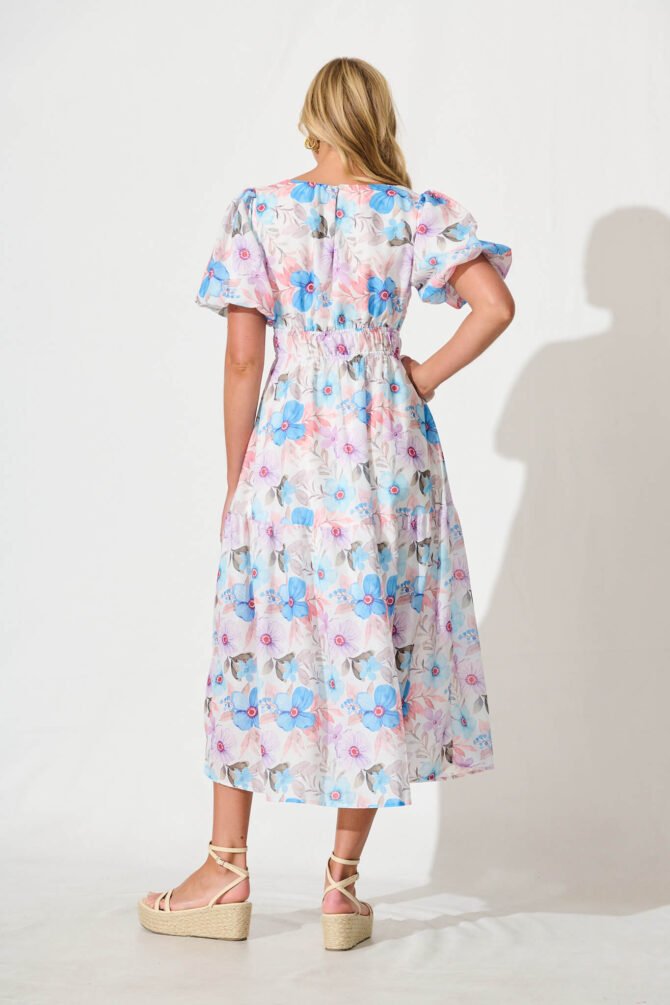 Midi Dress in Multi Blue Floral Cotton Blend - Image 4