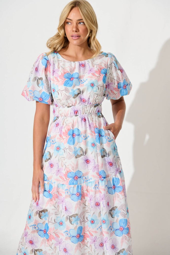 Midi Dress in Multi Blue Floral Cotton Blend - Image 2