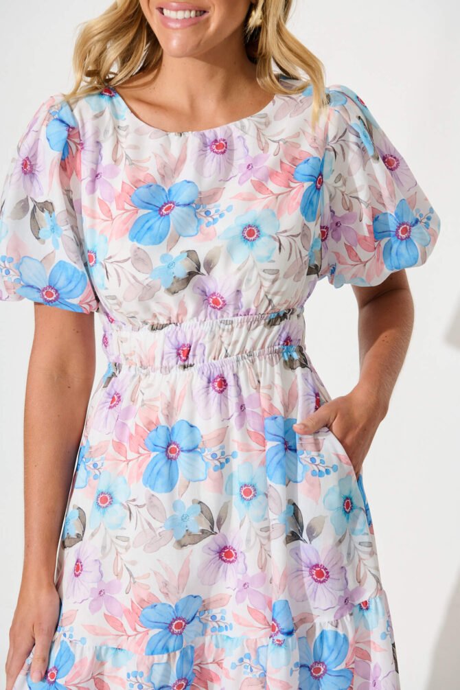 Midi Dress in Multi Blue Floral Cotton Blend - Image 5