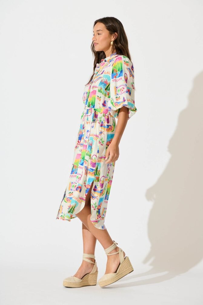 Midi Shirt Dress In White With Bright Resort Print - Image 3