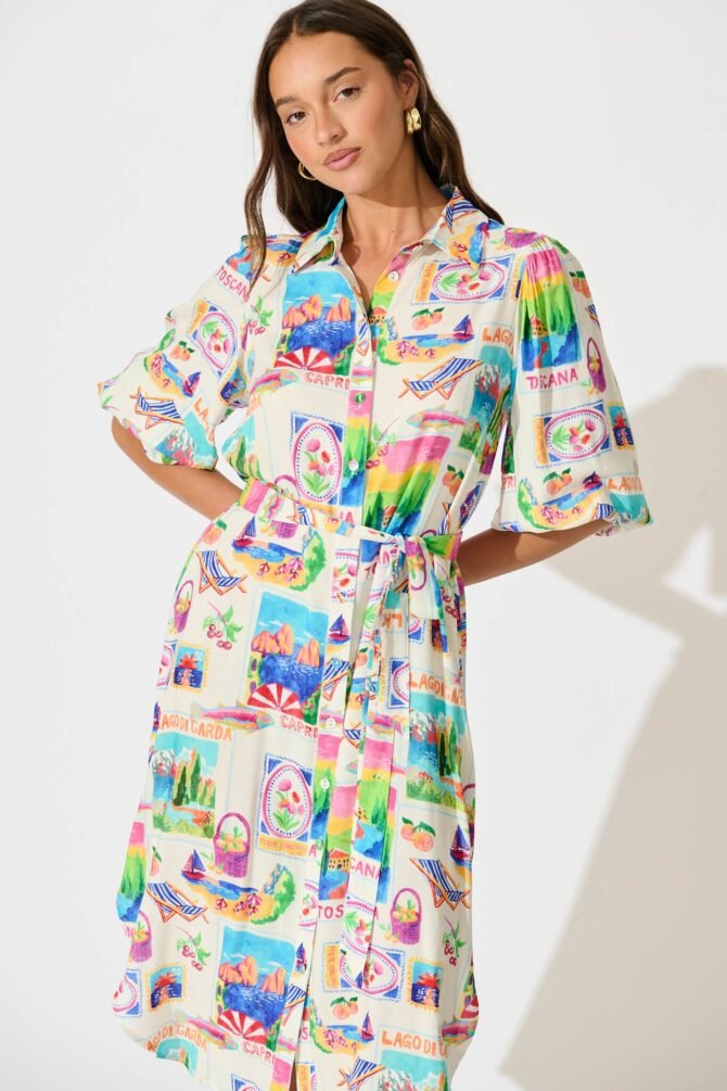 Midi Shirt Dress In White With Bright Resort Print - Image 2