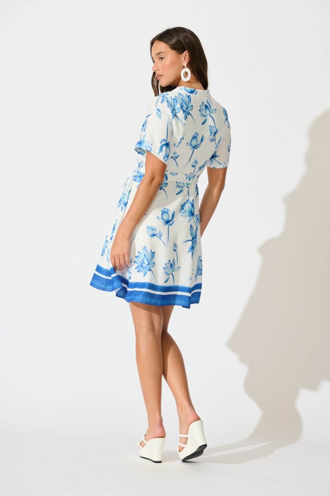 Dress in White with Blue Flower Border Linen Blend - Image 4