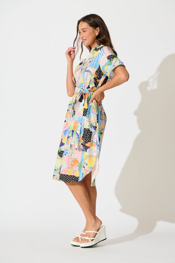 Midi Shirt Dress in Multi Summer Print Cotton - Image 3
