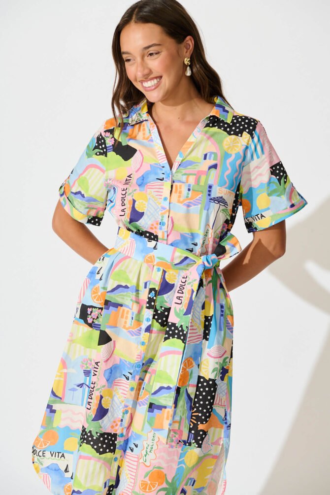 Midi Shirt Dress in Multi Summer Print Cotton - Image 2