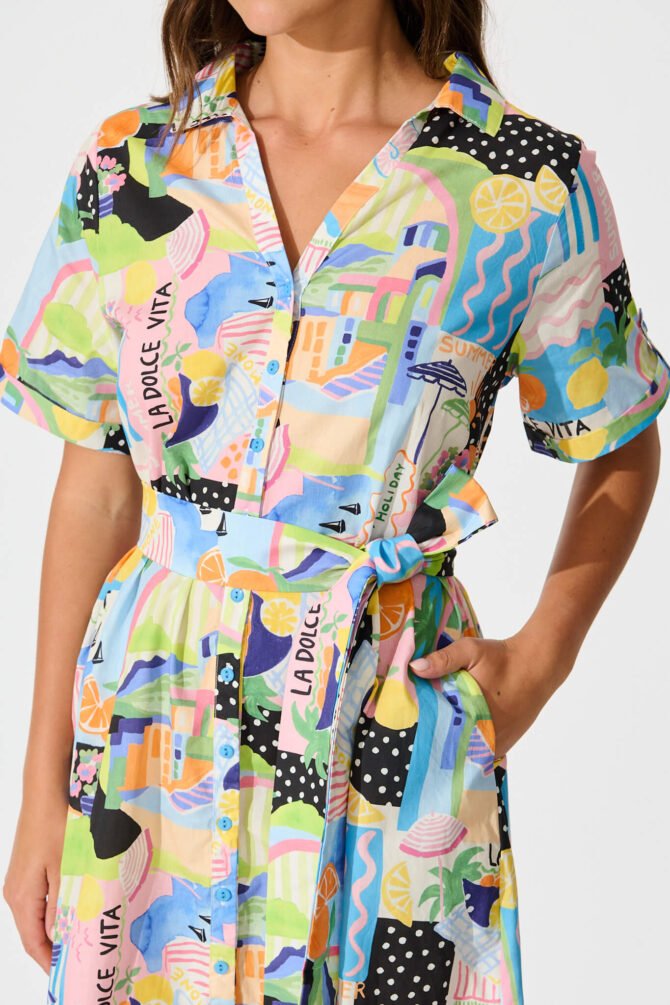 Midi Shirt Dress in Multi Summer Print Cotton - Image 5
