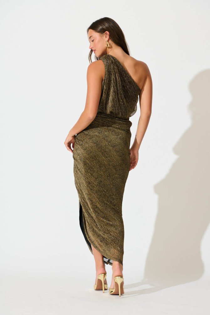 One Shoulder Maxi Dress in Black with Gold Lurex - Image 5