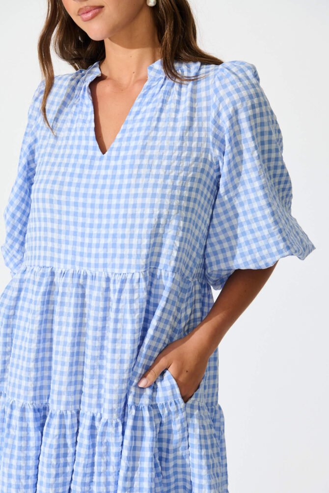 Dress In Cornflower Blue Gingham Cotton - Image 5