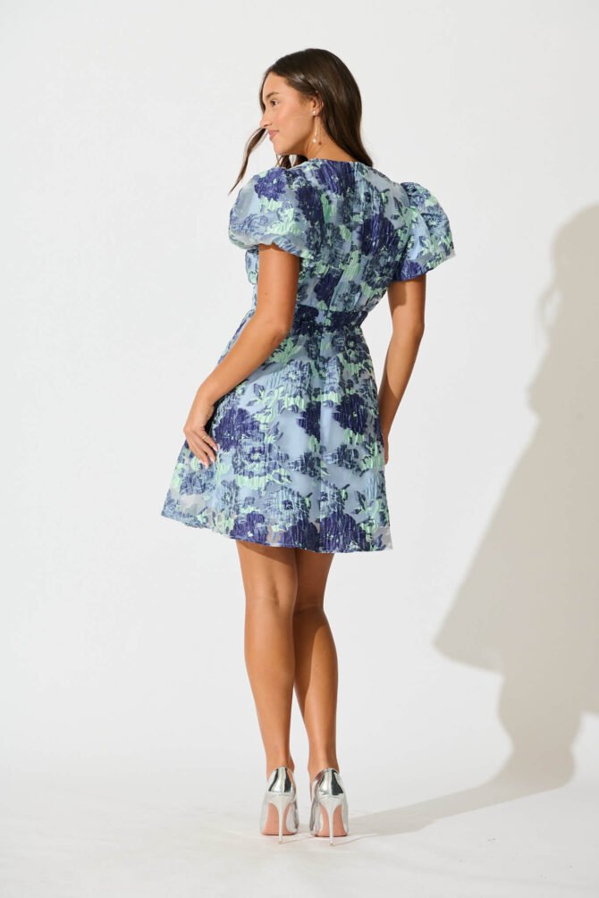 Dress in Blue Floral Organza Jacquard - Image 4