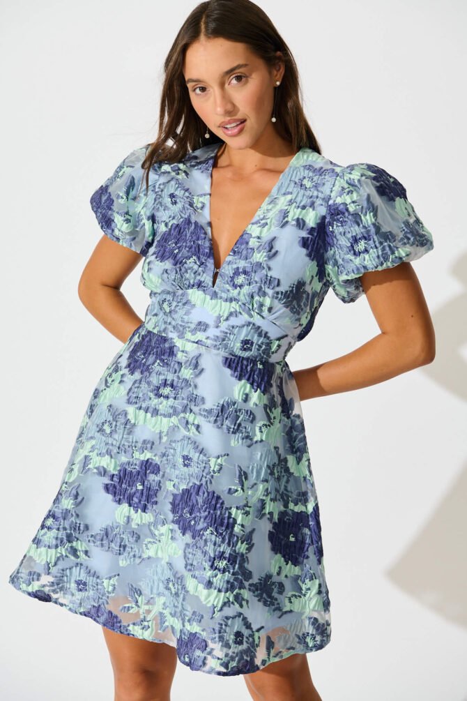 Dress in Blue Floral Organza Jacquard - Image 2
