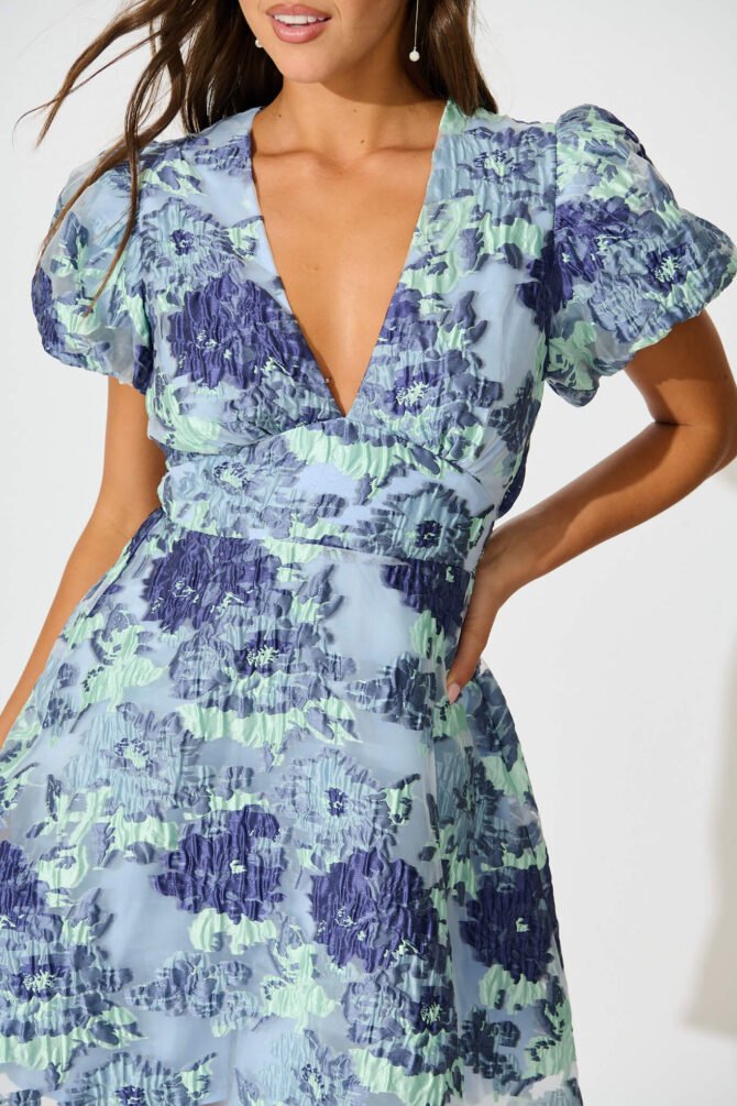 Dress in Blue Floral Organza Jacquard - Image 5