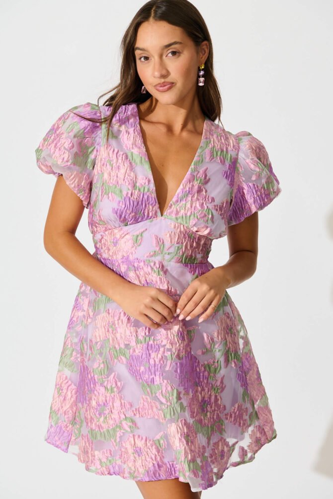 Dress in Lilac Floral Organza Jacquard - Image 2