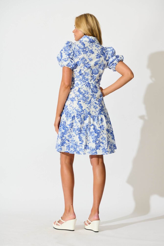 Dress in White with Blue Floral Cotton - Image 4