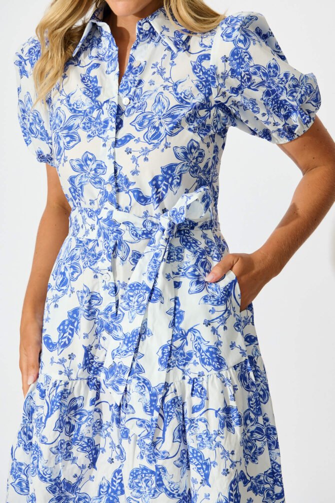 Dress in White with Blue Floral Cotton - Image 5