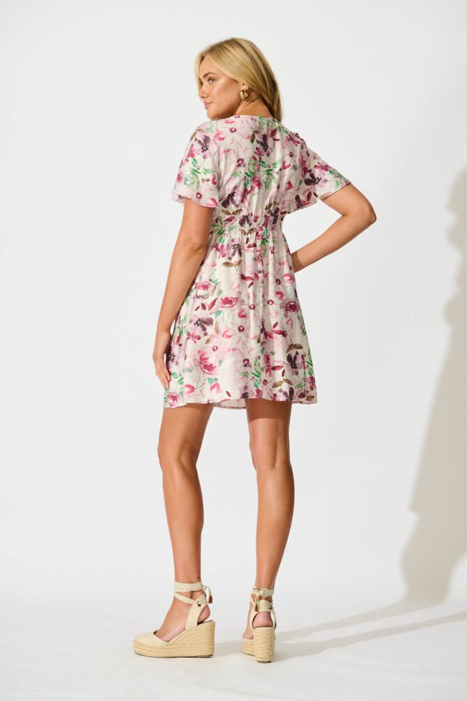 Dress in White With Pink Multi Watercolour Floral - Image 4