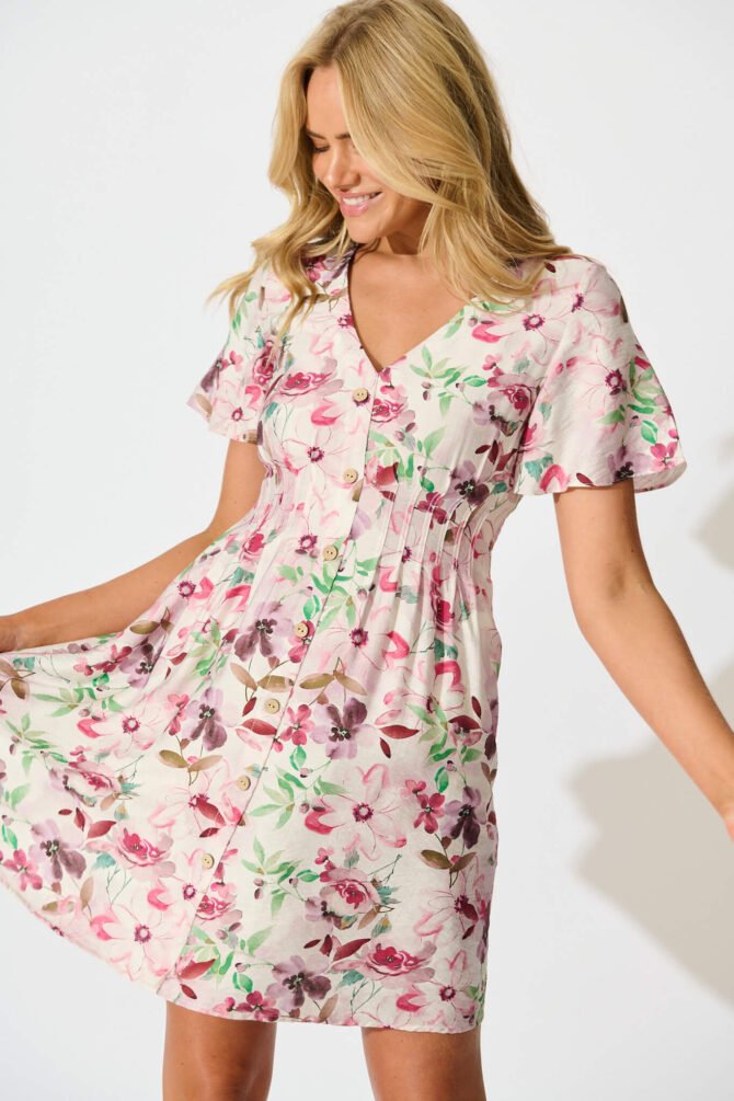 Dress in White With Pink Multi Watercolour Floral - Image 2