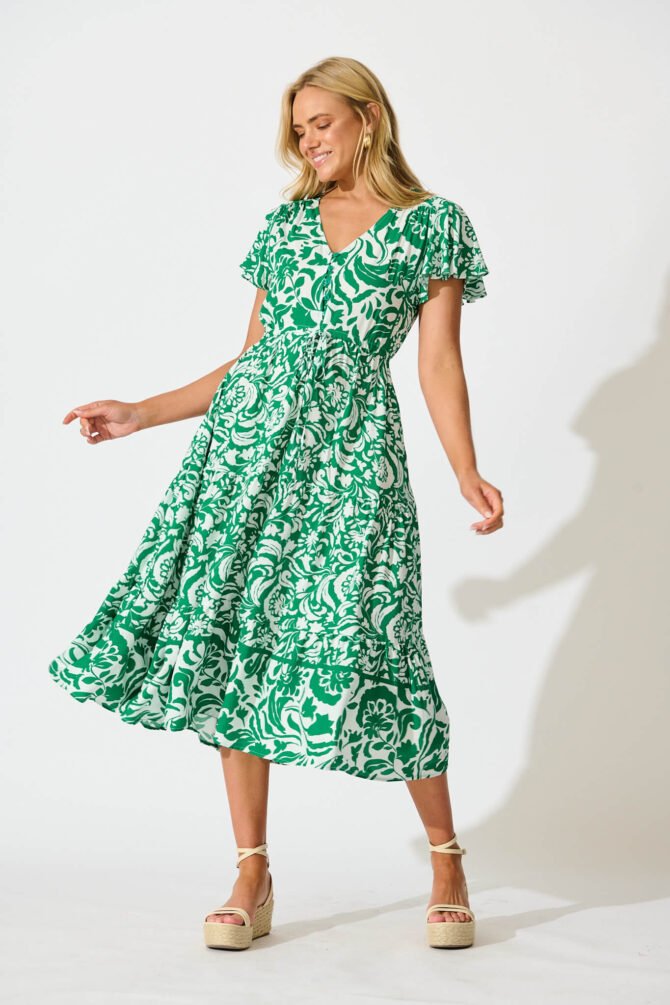 Midi Dress in Green with White Print