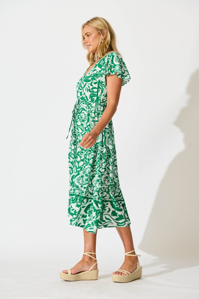 Midi Dress in Green with White Print - Image 3