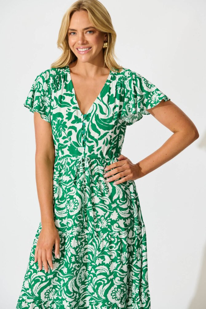 Midi Dress in Green with White Print - Image 2