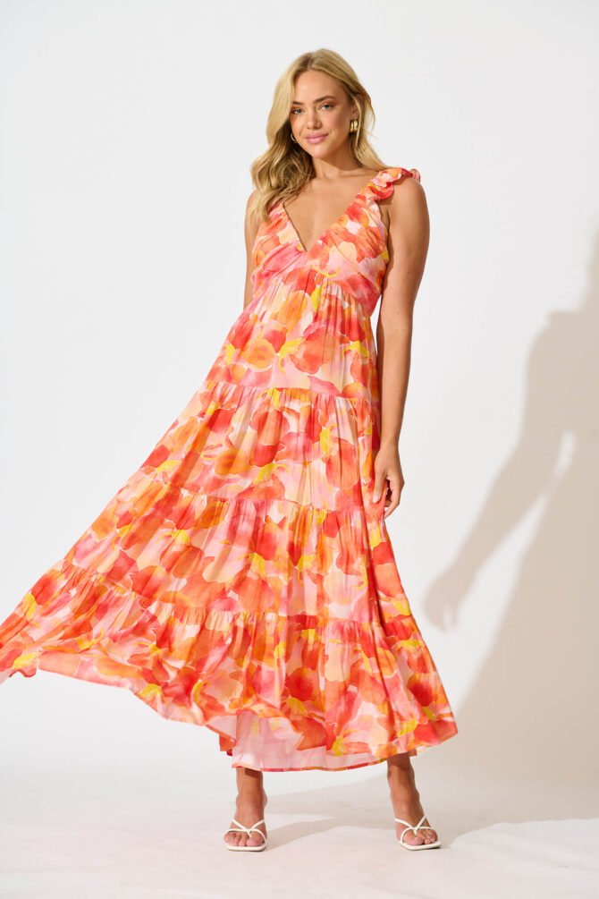 Maxi Sundress In Orange and Red Multi