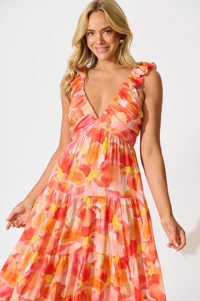 Maxi Sundress In Orange and Red Multi - Image 2