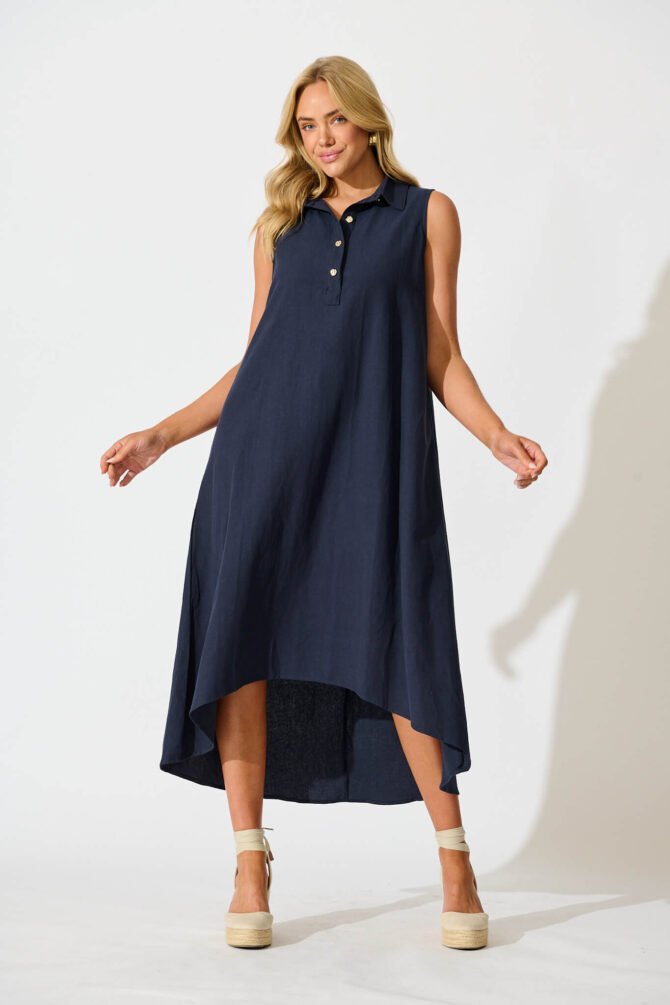 Midi Dress in Navy Linen Blend