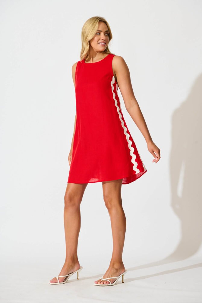 Dress in Red With White Ric Rac Trim Linen Blend - Image 3