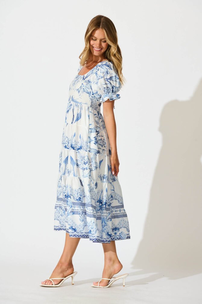 Midi Dress in White with Blue Floral Border - Image 3