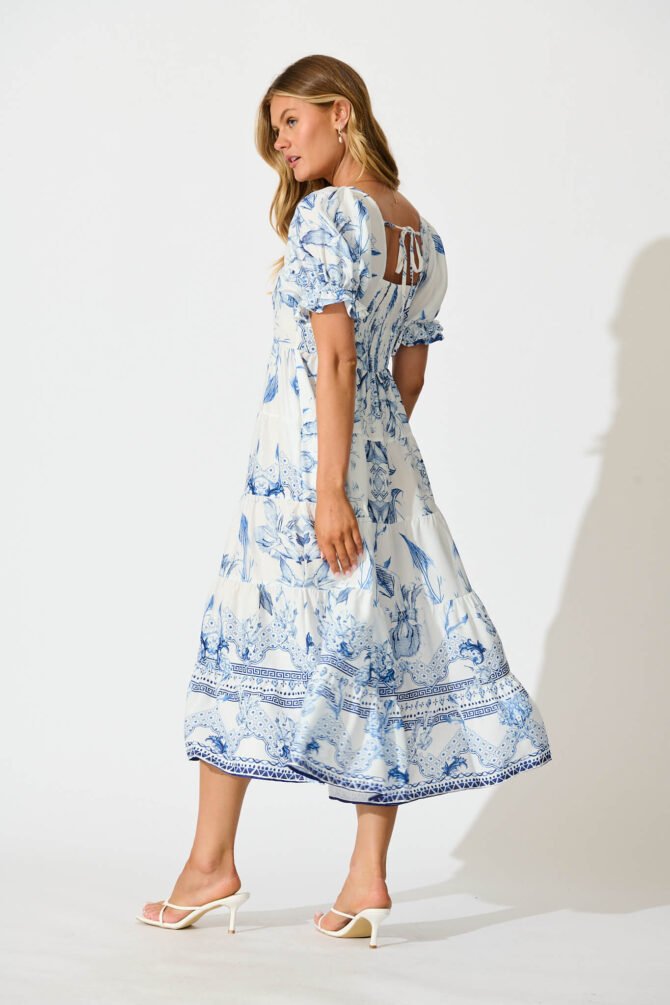 Midi Dress in White with Blue Floral Border - Image 4