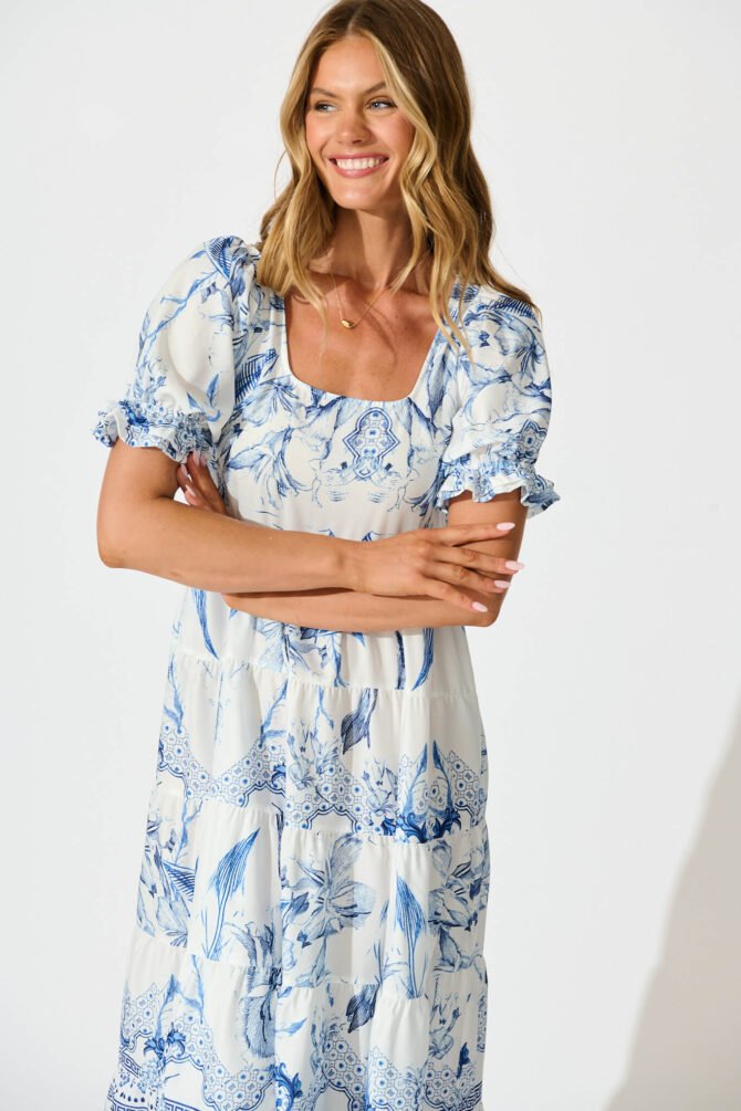 Midi Dress in White with Blue Floral Border - Image 2