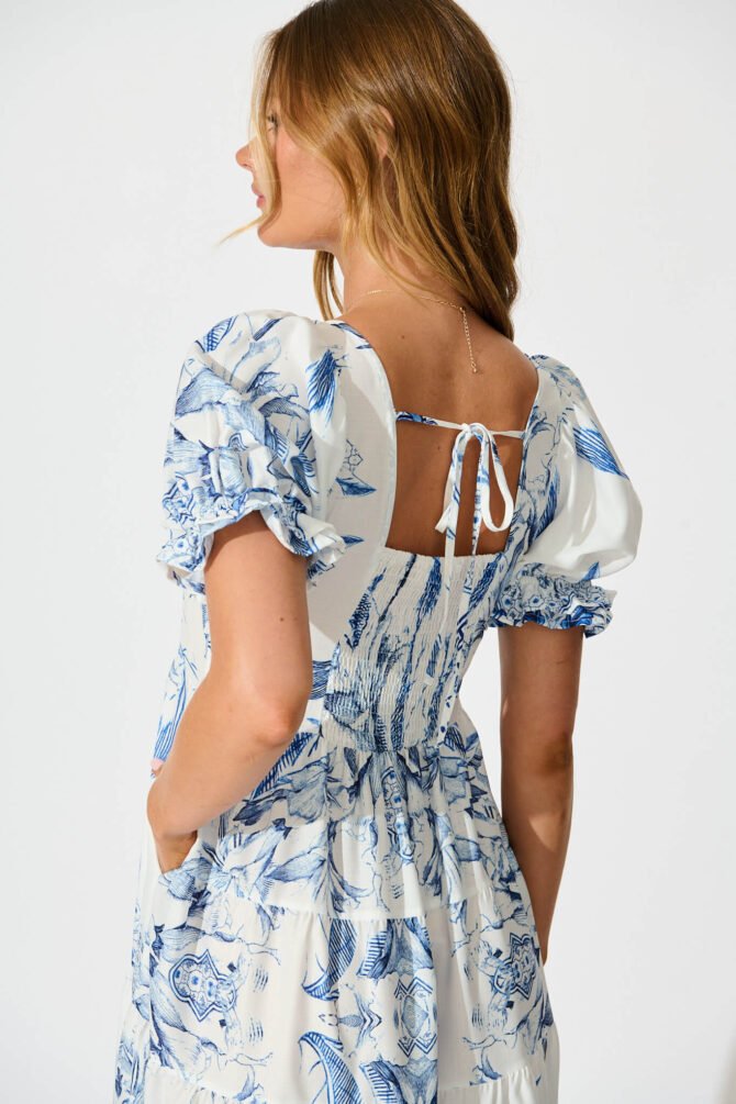 Midi Dress in White with Blue Floral Border - Image 5